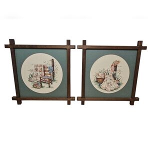 VTG 80's Completed Summers Remembered Framed Cross Stitched Wall Decor Set of 2